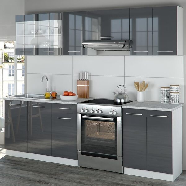 Vicco Cuisine Raul, Anthracite Haute Brillance/Blanc, 240 cm, PT Marbre