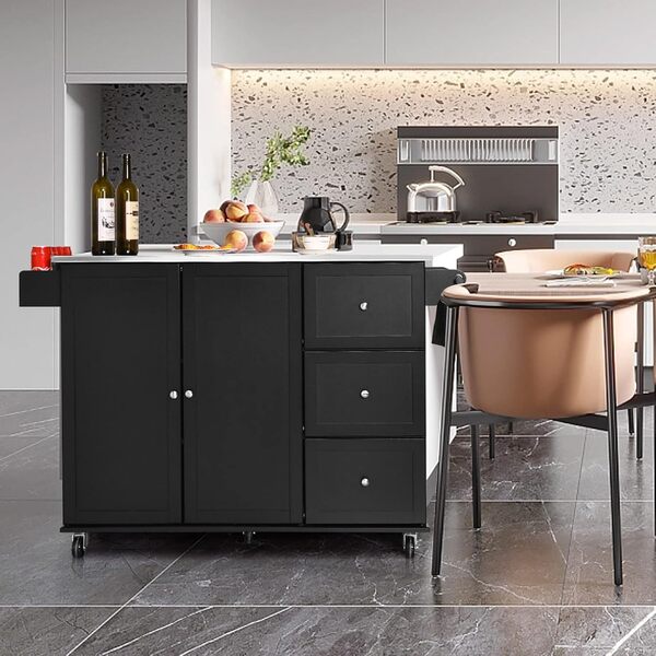 COSTWAY Desserte de Cuisine sur roulettes, Îlot Central Cuisine Plateau en Acier Inoxydable, avec 3 Tiroirs, Armoire à 2 Portes, Etagères Réglables, Porte-Serviettes et Support à Épices, Noir