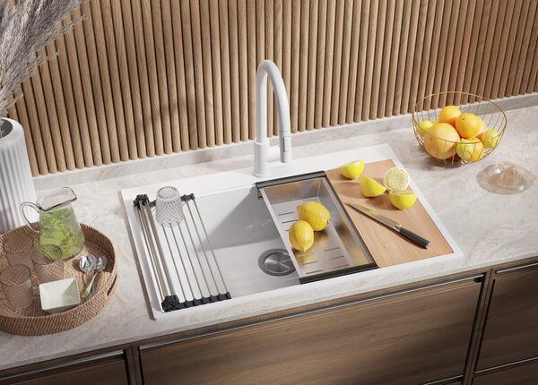 Evier Cuisine en Granit Blanc 78x50cm, Lavabo 1 bac + Kit de Vidage + Accessoires de cuisine, Évier à Encastrer au meuble 80cm - Oslo Top de Primagran