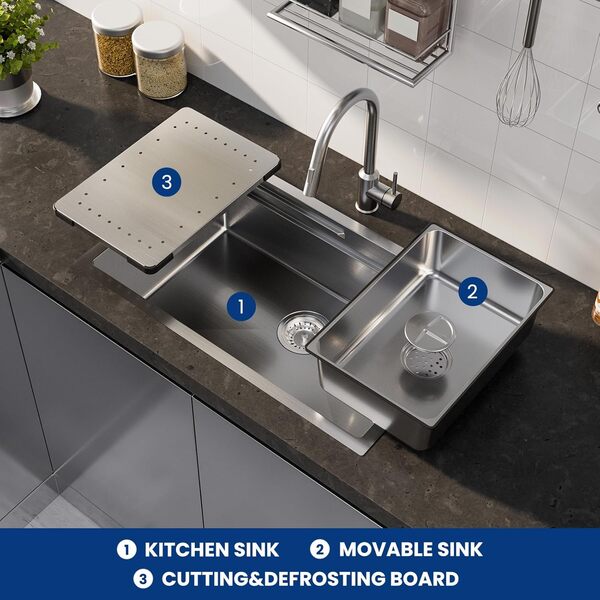 CECIPA Évier Inox, Évier de Cuisine 1 Bac 70x44cm, Avec Trop-Plein et Vidange Rapide, Lavabo Cuisine Durable et Élégant Pour à Partir de 80 Meuble Bas, Brossé