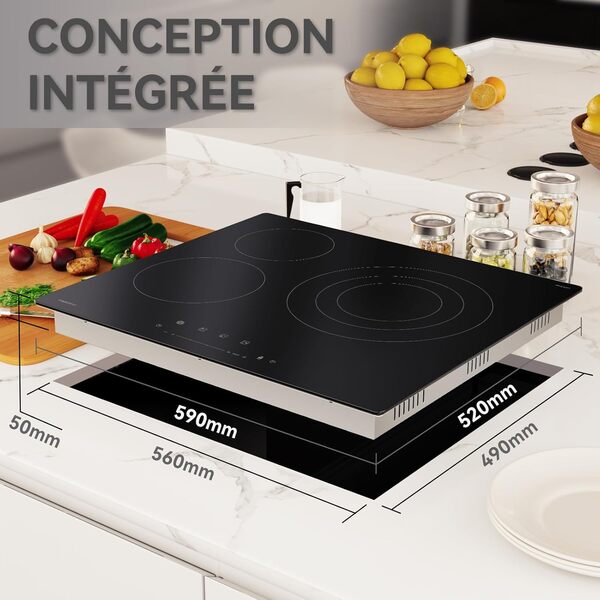 magicplux Plaque Vitrocéramique 3 Feux Encastrable, 59cm Plaque de Cuisson électrique, Zones Duales, 16 9 Niveaux de Puissance, Contrôles Tactiles, Minuteur, Convient à Toutes les für Alle Töpf, 6600W