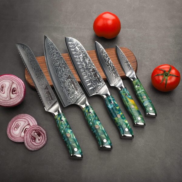 SANMUZUO Ensemble de couteaux de chef - Set de couteaux de cuisine de 5 pièces - Acier de Damas VG10 ultra-tranchant et manche en résine - Série Xuan(Vert Jade)