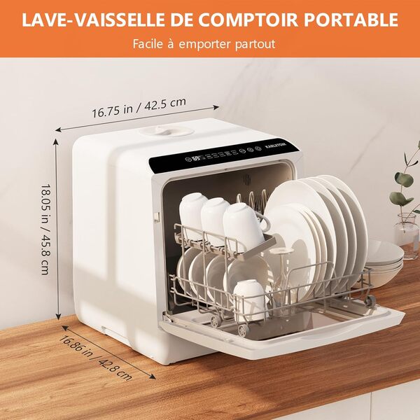 Karlxtom Lave-vaisselle de table, Mini Lave-vaisselle avec Comman destactiles à LED, 45CM, 6 Programmes, Lavage des fruits, Soins Pour Bébés [Classe énergétique F]
