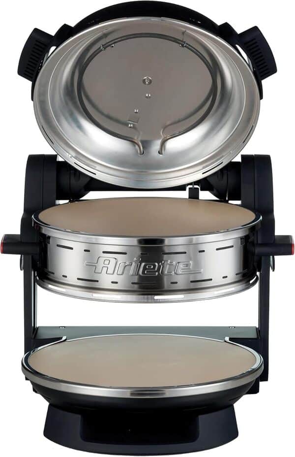 Ariete Four à Pizza Double 927, Four à Pizza avec 5 Niveaux de Cuisson, 2 Plaques Réfractaires Anti-Adhésives, 2 Lames en Bois Incluses, Max 400°C, 2 Thermostats, Diamètre 32 Cm, 2300W, Noir [Classe énergétique A]