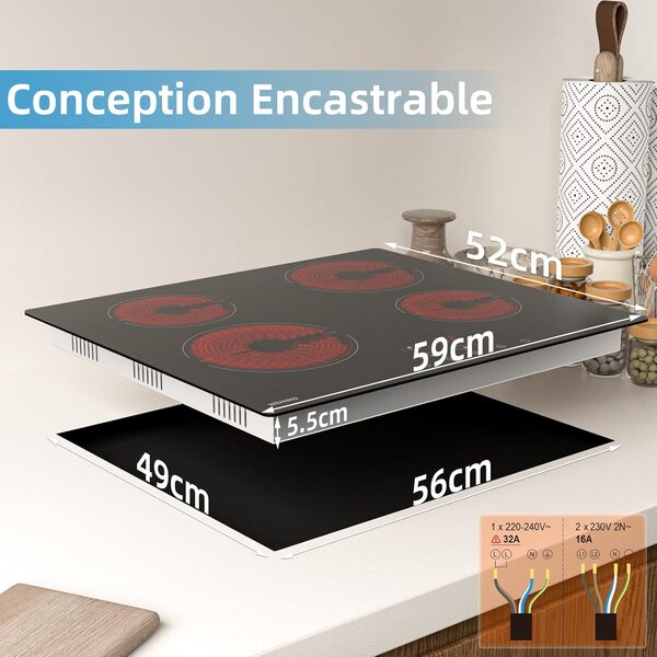 Plaque Vitrocéramique 4 Feuxs Encastrable, WEHIMO Plaque de Cuisson Vitrocéramique 6000W - 59cm - Minuteur, 9 Niveaux de Puissance, Commande Tactile, Verrouillage Enfant …