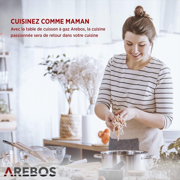 Arebos Table de cuisson à gaz 5 feux | Vitrocéramique | Cuisinière à gaz avec protection automatique des flammes | Gaz naturel ou propane