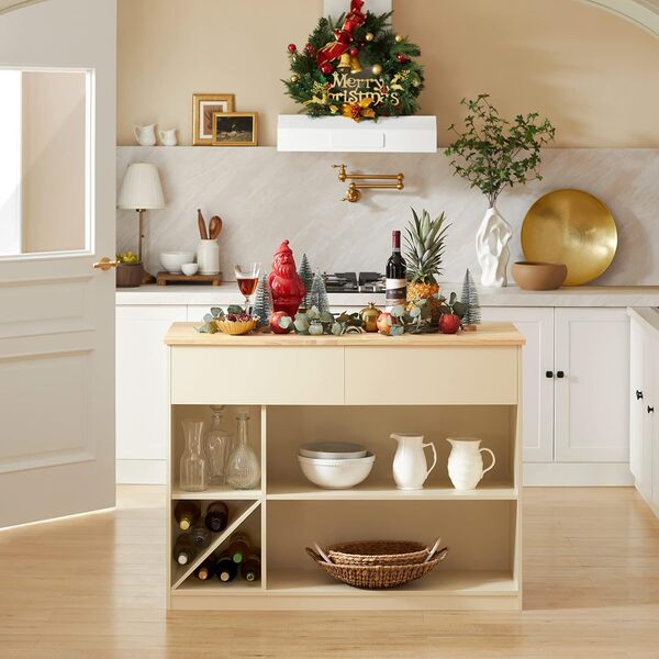 SoBuy îlot Central de Cuisine, Placard de Cuisine, Buffet de Rangement, Armoire de Cuisine Multi-rangements avec 1 Plan de Travail, 2 Tiroirs et Compartiments Ouverts – 120x60x90 cm, KNL04-MI