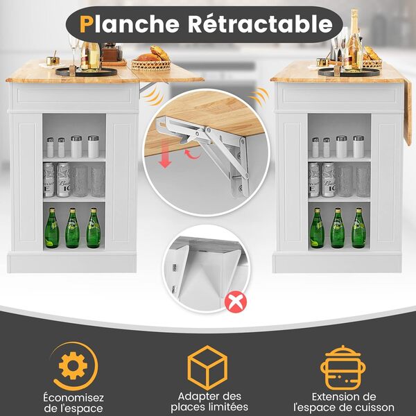 GOPLUS Desserte de Cuisine Desserte en Bois avec Placard Étagères Niveaux Réglables et Tiroirs, Plateau Extensible Pliable, Compartiments Latéraux, 120 x 91 x 92 CM, Blanc