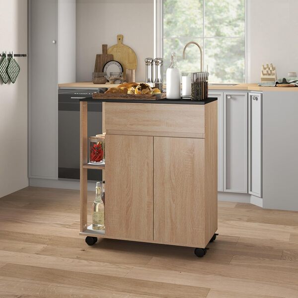 HOMCOM Chariot de Service desserte de Cuisine à roulettes Multi-rangements Placard Double Portes + 2 étagères + tiroir Panneaux Particules chêne Noir