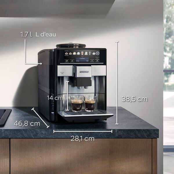 SIEMENS, machine à café tout automatique, EQ6 plus s500, aromaDouble Shot, système autoMilk Clean, Broyeur céramique, affichage coffeeSelect, gris/noir - Inox TE655203RW