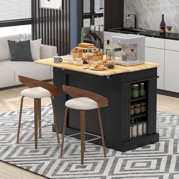 Îlot de Cuisine avec Rangement et Feuilles Tombantes, Armoire de Rangement avec Dessus en Bois d'hévéa, 2 tiroirs, étagères réglables, étagères à épices, Table Basse pour Salle à Manger,