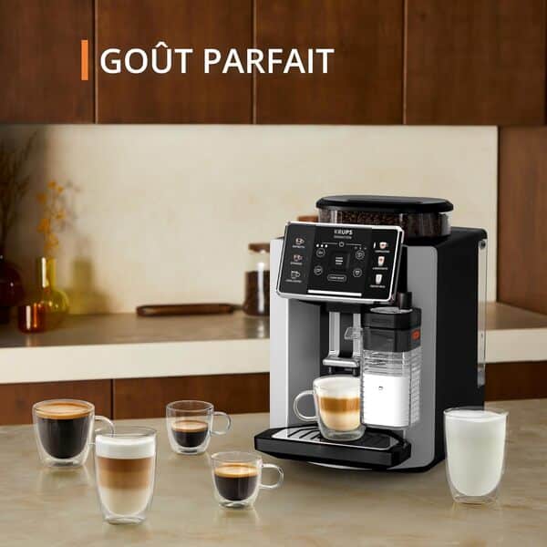 Krups Sensation Lait M50, Machine à café grains, 3 recettes café et 3 lactées, Personnalisation de la quantité de mousse, Silver, EA912E10