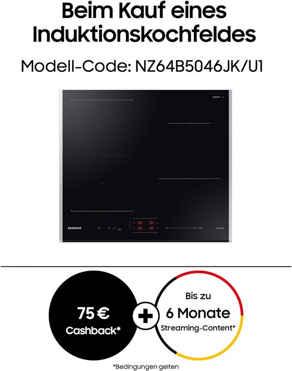 Samsung Plaque à induction autonome (NZ64B5046JK/U1), 60 cm, vitrocéramique, FlexZone, SmartThings Cooking, touches tactiles avec curseur