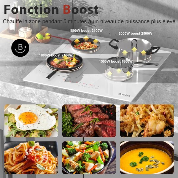 Plaque Induction 4 Feux avec Fiche, Cooksir Table de Cuisson à Induction, 60cm Encastrable, 3500Watts, 220V, 50Hz, Minuterie, Flexible Zone Combinée, 9 Niveau,16A-Prise électrique