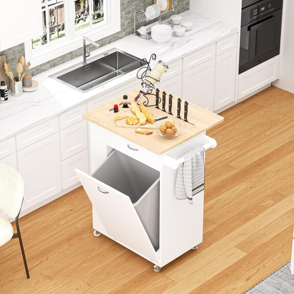 Îlot de cuisine avec feuille tombante – Armoire poubelle inclinable de 37 litres, chariot portable avec dessus en bois d'hévéa, étagère à épices et tiroirs pour salle à manger