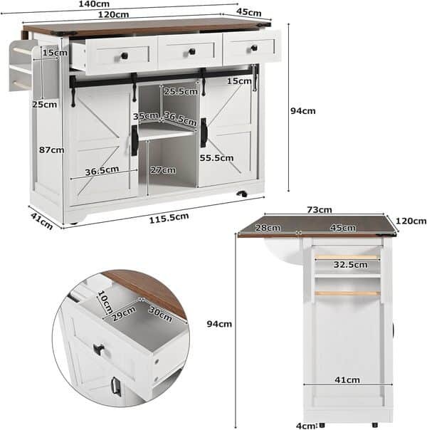 Merax Desserte Îlot de Cuisine Mobile avec Plan de Travail Extensible, Armoire sur Roulettes, 2 Portes Coulissantes, 3 Tiroirs, 140 x 45 (73) x 94 cm
