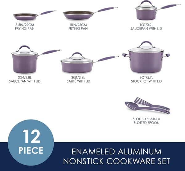 Rachael Ray Cucina Rigide en Porcelaine émaillée antiadhésive Batterie de Cuisine, 12 pièces