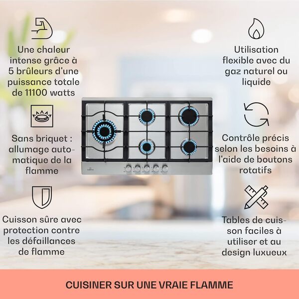 Klarstein Tables de Cuisson à Gaz, Plaque de Cuisson, Encastrable à 5 Feux de 11100W, Cuisiniere Gaz, Gaziniere avec Brûleurs en Acier Inoxydable, Cuisinières GPL