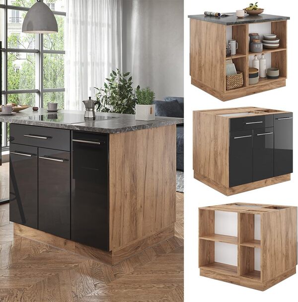 Vicco Îlot de Cuisine Fame-Line, Anthracite Brillant/Chêne doré, 90 cm avec tiroir, sans Plan de Travail