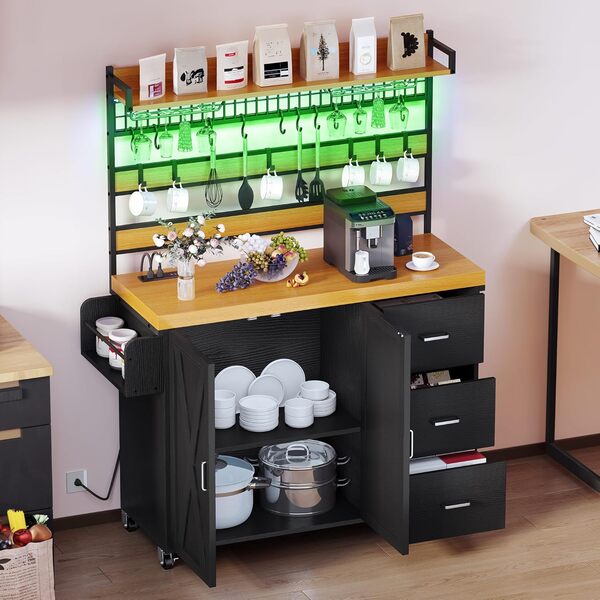 Îlot de cuisine rustique avec prise de courant, grand îlot roulant avec LED, chariot de boulanger avec casier à vin, chariot de micro-ondes sur roulettes avec 3 tiroirs, étagère haute, étagère à