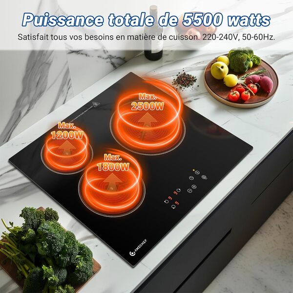 AMZCHEF Plaque Vitrocéramique 3 Feux, 60CM Plaque Cuisson Vitrocéramique électrique avec 9 niveaux de puissance, fonction minuterie, verrouillage de sécurité, protection contre la surchauffe, 5500W