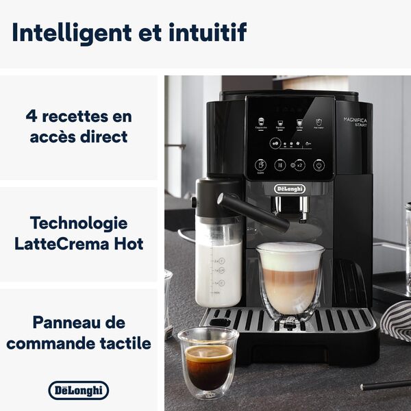 De'Longhi Magnifica Start ECAM222.60.BG, Machine à Café Grain Automatique avec LatteCrema, Cafetière Espresso avec 4 Recettes d'un Seul Toucher, Panneau de Contrôle Tactile Doux, 1450W, Noir
