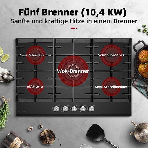GASLAND GH2805BG1FC Table de cuisson à gaz 5 feux, Cuisinière à gaz avec brûleur wok, Table de cuisson à gaz encastrable, 76cm noir Cuisinière à gaz en verre, Cuisinière à gaz 10,4KW, GPL/NG