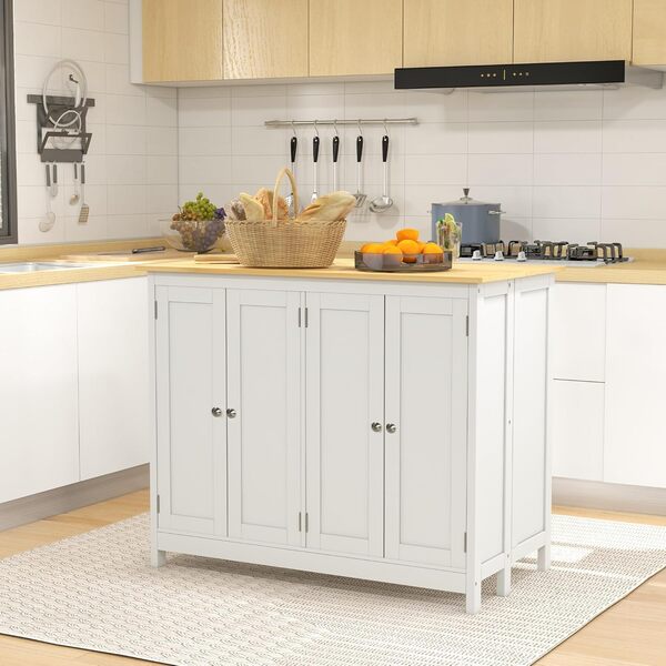 HOMCOM îlot Central de Cuisine avec 2 tabourets, Ensemble Table et Tabouret de Bar, avec 2 armoires, Rangement et Plan de Travail Rabattable, 4 Portes, Design Moderne, Blanc