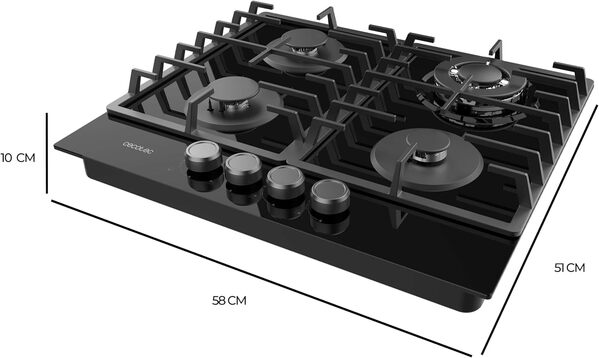 Cecotec Plaque à gaz Bolero Squad G 4200F Glass Black. Plaque à gaz avec 4 feux, finition verre noir, puissance 8000W, grilles complètes, brûleur WOK triple couronne et sécurité des vannes.