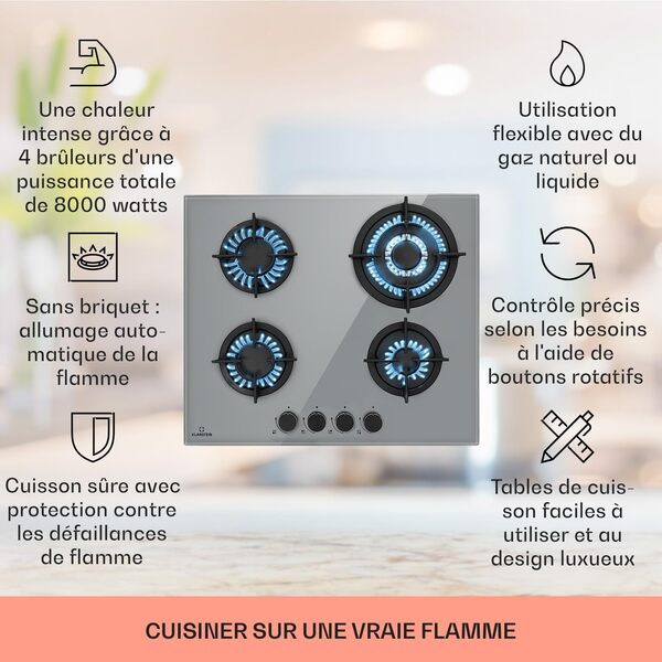 Klarstein Table de Cuisson à Gaz 4 Brûleurs, Plaque Électrique 4 Feux 8000W, Cuisinière GPL Avec Brûleurs en Acier Inoxydable