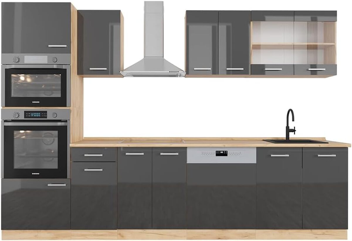 Test : cuisine Vicco R-Line anthracite brillante et chêne doré 300 cm avec armoire haute