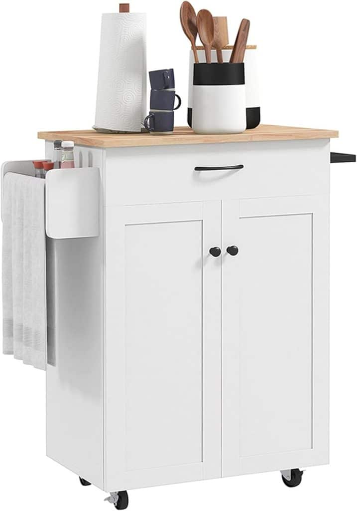 Test de la desserte de cuisine HOMCOM : roulettes, bois d'hévéa, placard et porte-épices