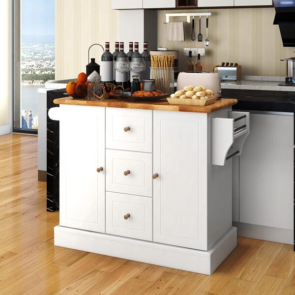 GOPLUS Desserte de Cuisine Desserte à roulettes Cachées Chariot de Cuisine en Bois avec Placard Étagères 2 Niveaux Réglables et 3 Tiroirs, Porte-Serviettes, 127 x 46 x 91,5 CM, Blanc