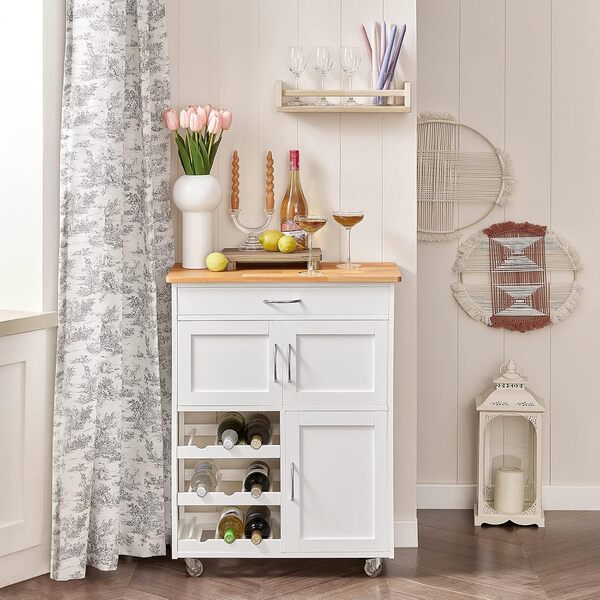 SoBuy Desserte de Cuisine, Chariot de Service Roulant, Armoire de Rangement sur roulettes, Plateau en Bois d'Hévéa, avec Tiroir, Porte-Bouteilles et Portes, L67xH87xP37cm, Blanc, FKW45-WN