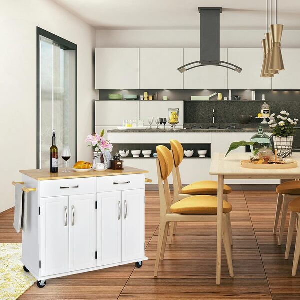 COSTWAY Desserte de Cuisine sur roulettes avec Comptoir en Bois D'hévéa, Chariot de Service à 4 Portes avec Étagères Réglables, 2 Grands Tiroirs, Porte-Serviettes, 48 x 122 x 93 cm, Blanc