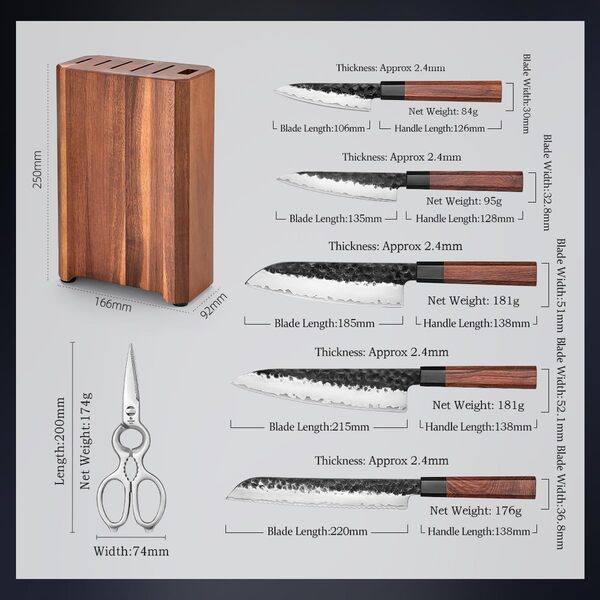 HEZHEN Blocs Couteaux Ensembles de Couteaux de Chef, Couteau Santoku de Style Japonais, Ciseaux de Cuisine en Acier Inoxydable, Bloc de Couteaux en Bois D'acacia