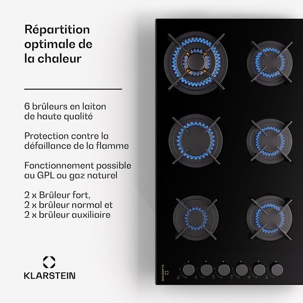 Klarstein Tables de Cuisson à Gaz, Plaque de Cuisson Gaz à 6 Brûleurs, Table de Cuisson Encastrable à 6 Feux de 12200W, Cuisiniere Gaz, Gaziniere Gaz avec Brûleurs en Acier Inoxydable, Cuisinières GPL