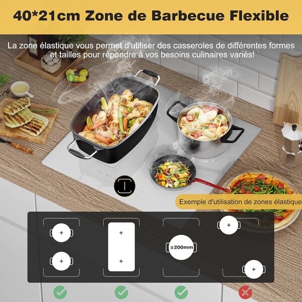 Plaque de Cuisson Induction Encastrable 4 Feux Fiche avec prise, Plaque Electrique 60cm 3500W, 9 Niveaux, Fonction Boost et Isolation, Minuterie, Fonction Anti-Touch, Blanche