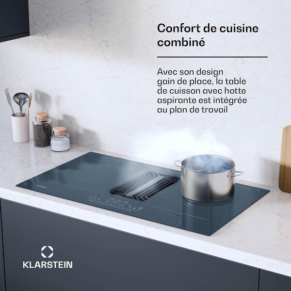 Klarstein AirJet 90 Plaque Induction Avec Hotte Intégrée - A++ Énergie, 750 m³/h, 10000 W Boost, Écran Tactile, Sécurité Enfant, Anthracite, 90x2.6x51.5 cm