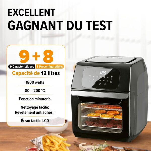 GOURMETmaxx Friteuse à air chaud numérique 12 L, four XXL, noir | Airfryer + minuterie, écran tactile, tournebroche | Friture pauvre en graisse, économie d'énergie | 10 Programmes y compris pizza