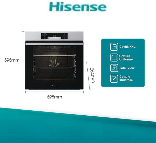 Hisense BI62216AX Four multifonction ventilé, cavité XXL 77L, nettoyage eau Clean, 13 fonctions de cuisson, fonction pizza 300 °C, cuisson AirFry, écran LED, commande tactile, préchauffage rapide [Classe énergétique A]