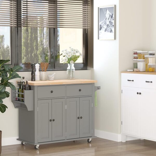 HOMCOM Desserte ilôt de Cuisine Multi rangements 2 tiroirs 2 Placard 2 Portes avec étagère Range-Bouteille Porte-torchons et étagère réglable MDF Gris hévéa