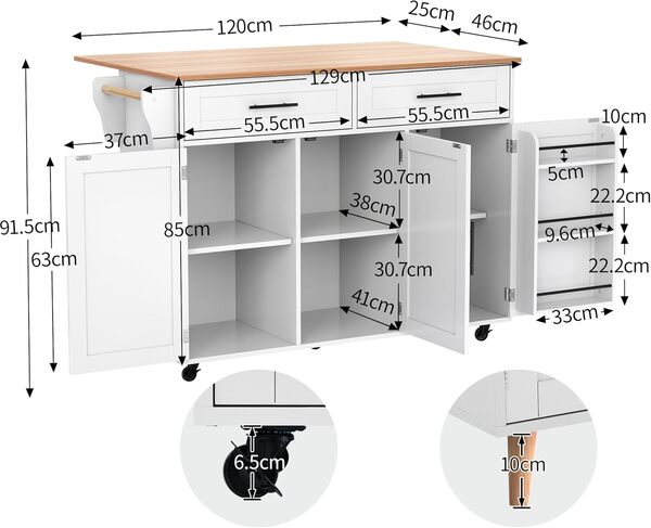 Sapgaks Buffet Salle a Manger avec Plan de Travail Pliable,Chariot de Cuisine avec Roues,Buffet Cuisine avec 3 Portes et 2 tiroirs,îlot de Cuisine avec Pieds en Bois Massif réversibles (A-Blanc)