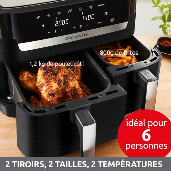 Moulinex air fryer deux compartiments, grande capacité 8,3L, 8 personnes, 7 Programmes automatiques, friteuse sans huile, Ecran tactile digital, Dual essential inox, EZ901820, Noir