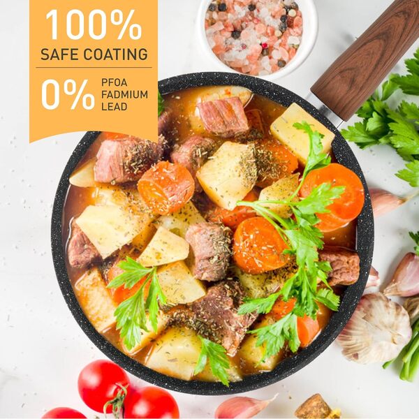 Kitchen Academy Batterie de cuisine à induction avec couvercles en verre et revêtement en granit, poêles et casseroles (noir)