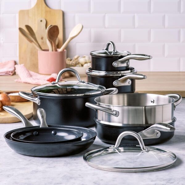 GreenPan Lima Midnight Batterie de Cuisine Antiadhésive en Céramique Saine Anodisée 11 pièces, Induction, Inclut Poêles à Frire, Casseroles, Sauteuses, sans PFAS, Lave-vaisselle, Four, Noir