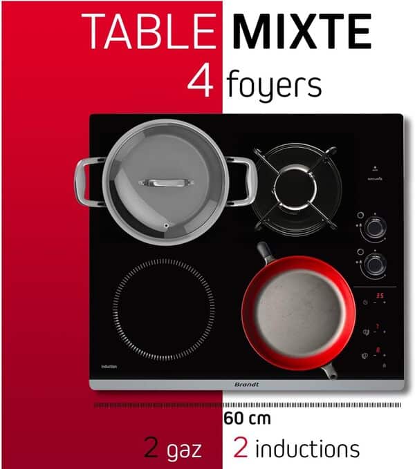 Brandt - BPI6413BM - Plaque Induction et Gaz - Table de Cuisson - Noir - 4 Foyers - 3400W Electrique et 4600 Gaz - Dimensions Encastrement : 56x49cm - 9 Positions par Foyer - Fabriqué en France