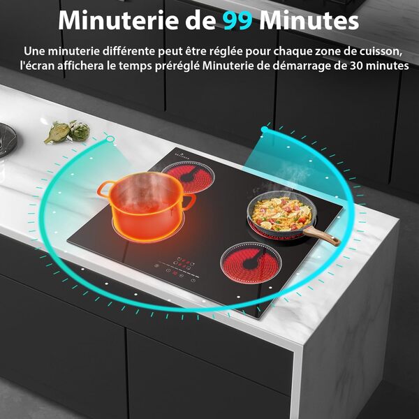 Plaque Vitrocéramique 4 Feux, DELITEER Table de Cuisson Vitrocéramique, 59CM Encastrable, 6000W, Commande Tactile à Curseur, 9 Niveaux de Chauffage, 220V, 50Hz, sans Prse