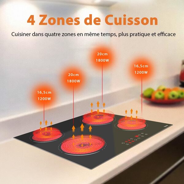 Hobsir Plaque Vitrocéramique 4 Feux, Plaque de Cuisson Vitrocéramique Encastrable 60CM, 6000W, 9 Niveaux de Puissance, Verrouillage de Sécurité, Fil Dur, Pas de Prise, 240V