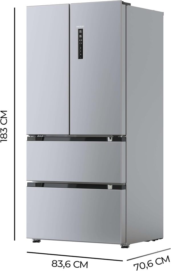 Cecotec Refrigerator French Door Stainless Steel 510 L Bolero CoolMarket FD 510 Inox E. 183 cm High, 84 cm Wide, Motor Inverter Plus, Fast Cooling and Fast Freezing, MultiAirFlow, Total NoFrost [Classe énergétique E]